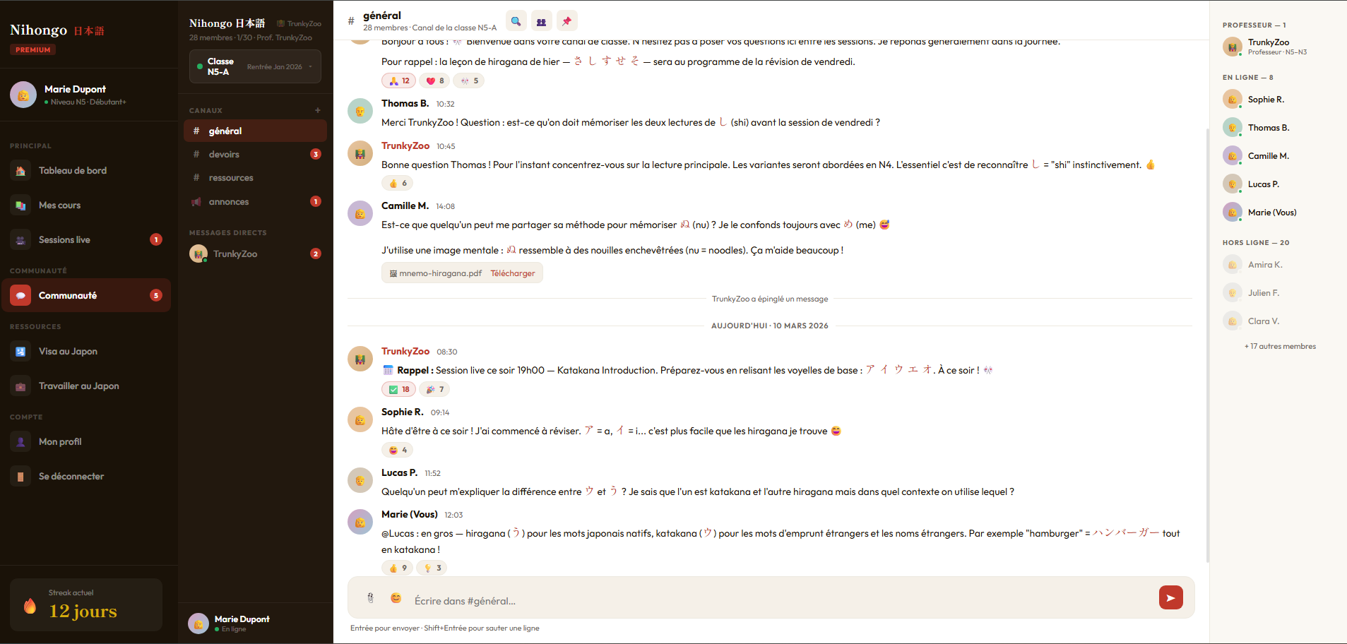 Chat or classes on the Japanese learning platform