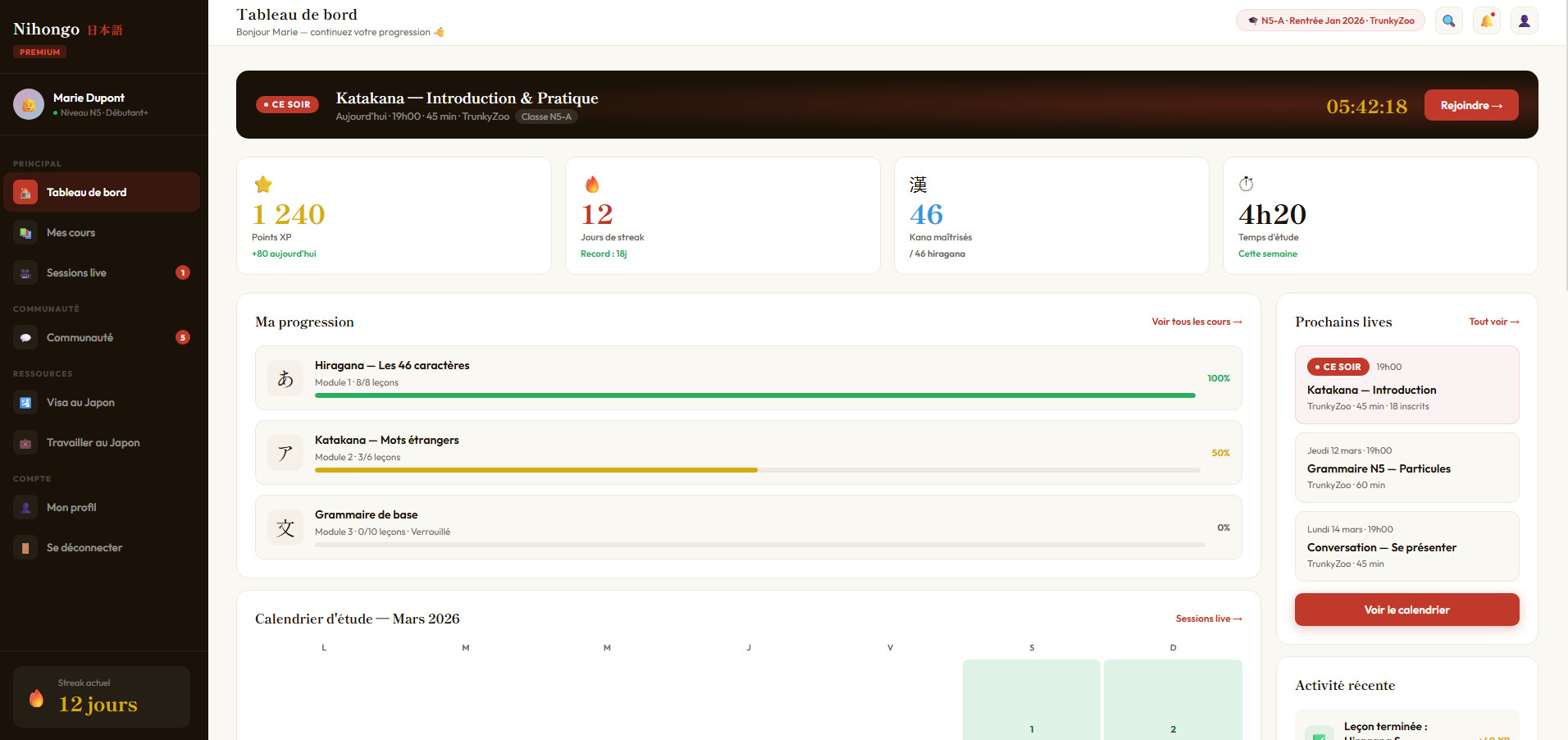 Student dashboard on the Japanese learning platform