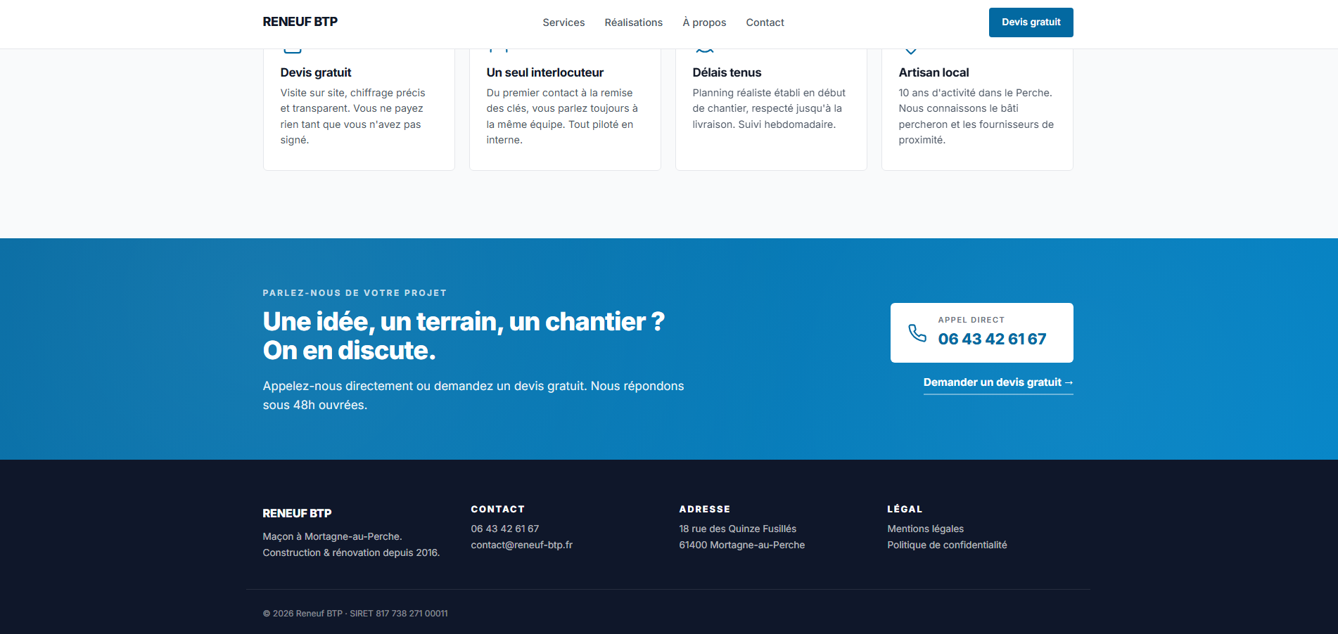 Footer of the Reneuf BTP website
