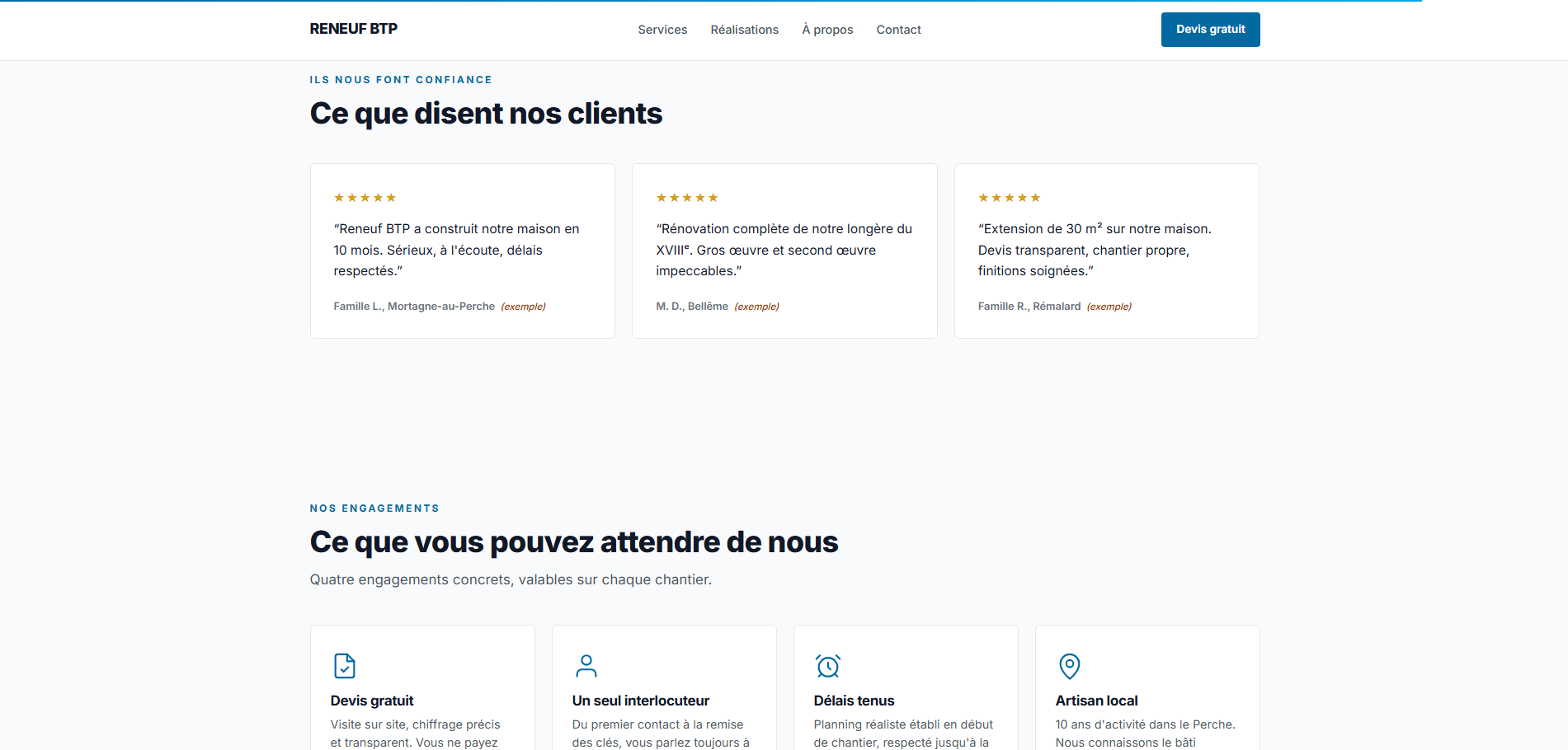 Reviews section on the Reneuf BTP website